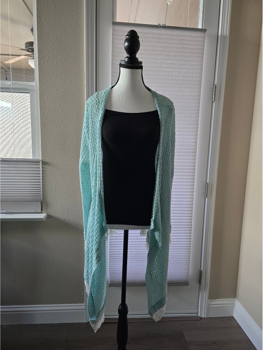 Seafoam Open Knit Cardigan W/ White Lace Trim Size M Western Boho, Coast Cowgirl